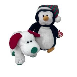 Ty Pluffies Christmas Plush Freeze Penguin Frost White Puppy Dog Set of 2